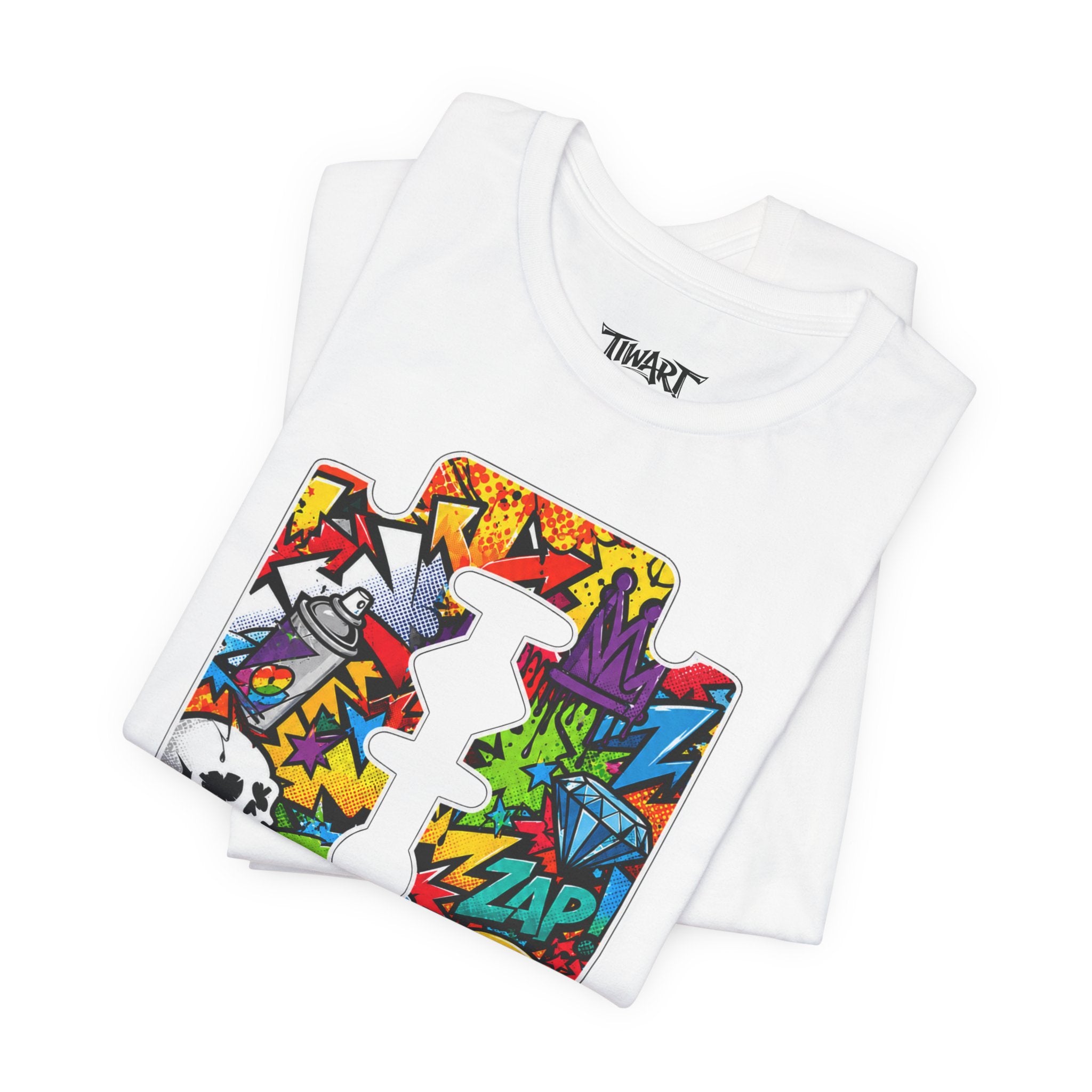 Razor Blade Graffiti T-Shirt — Colorful Pop Art Skull & Comic Icons Tee