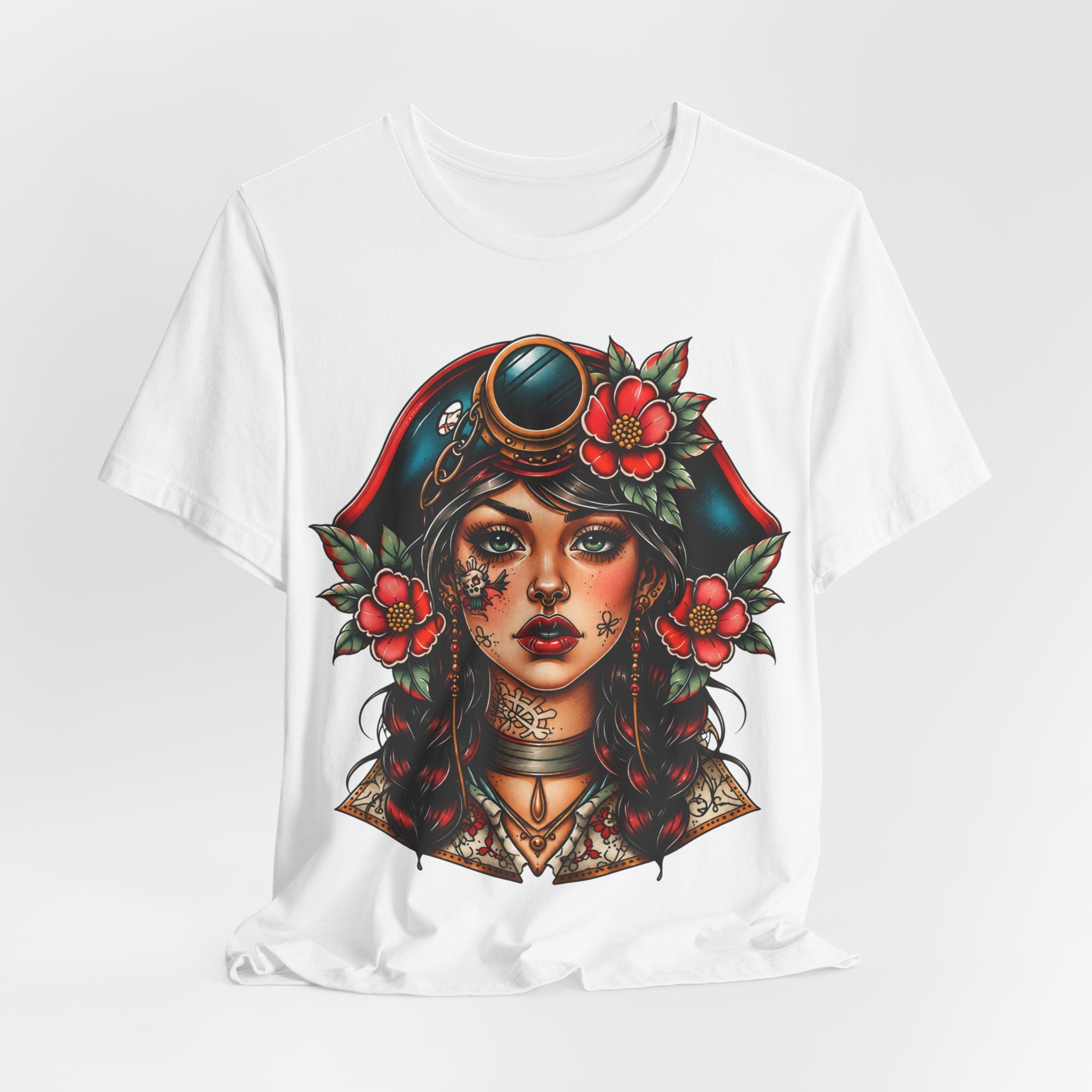 Vintage Pirate Rose Tee — Floral Pirate Woman Graphic T-Shirt