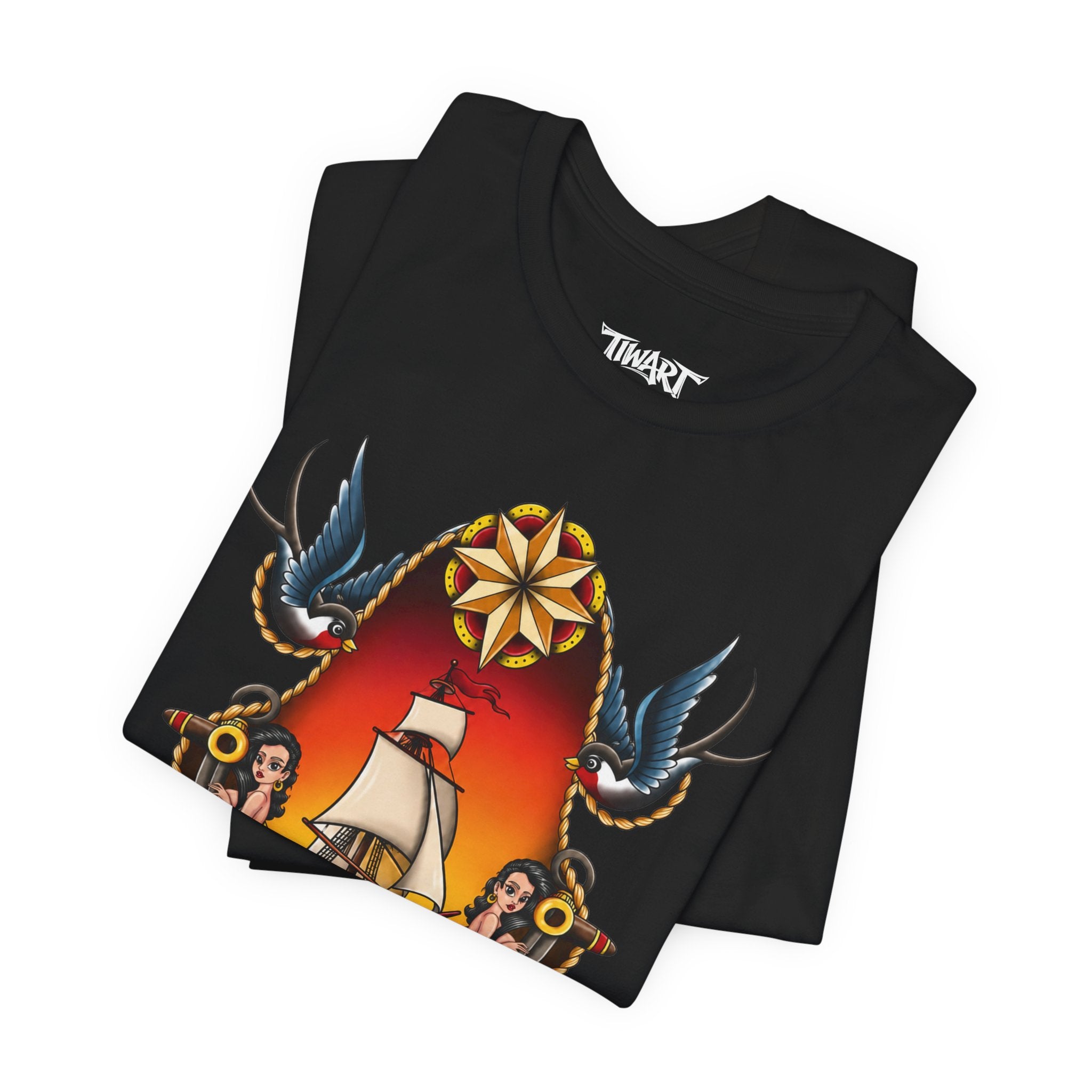 Sailor Tattoo Graphic Tee — Vintage Ship, Swallows & Roses