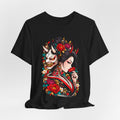 Geisha & Hannya Mask Graphic Tee — Japanese Floral Tattoo Style T-Shirt