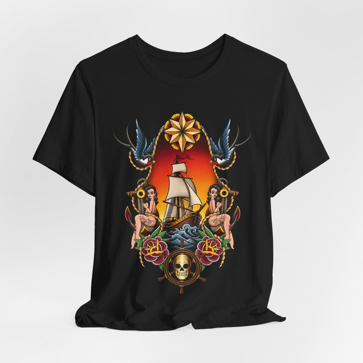Sailor Tattoo Graphic Tee — Vintage Ship, Swallows & Roses