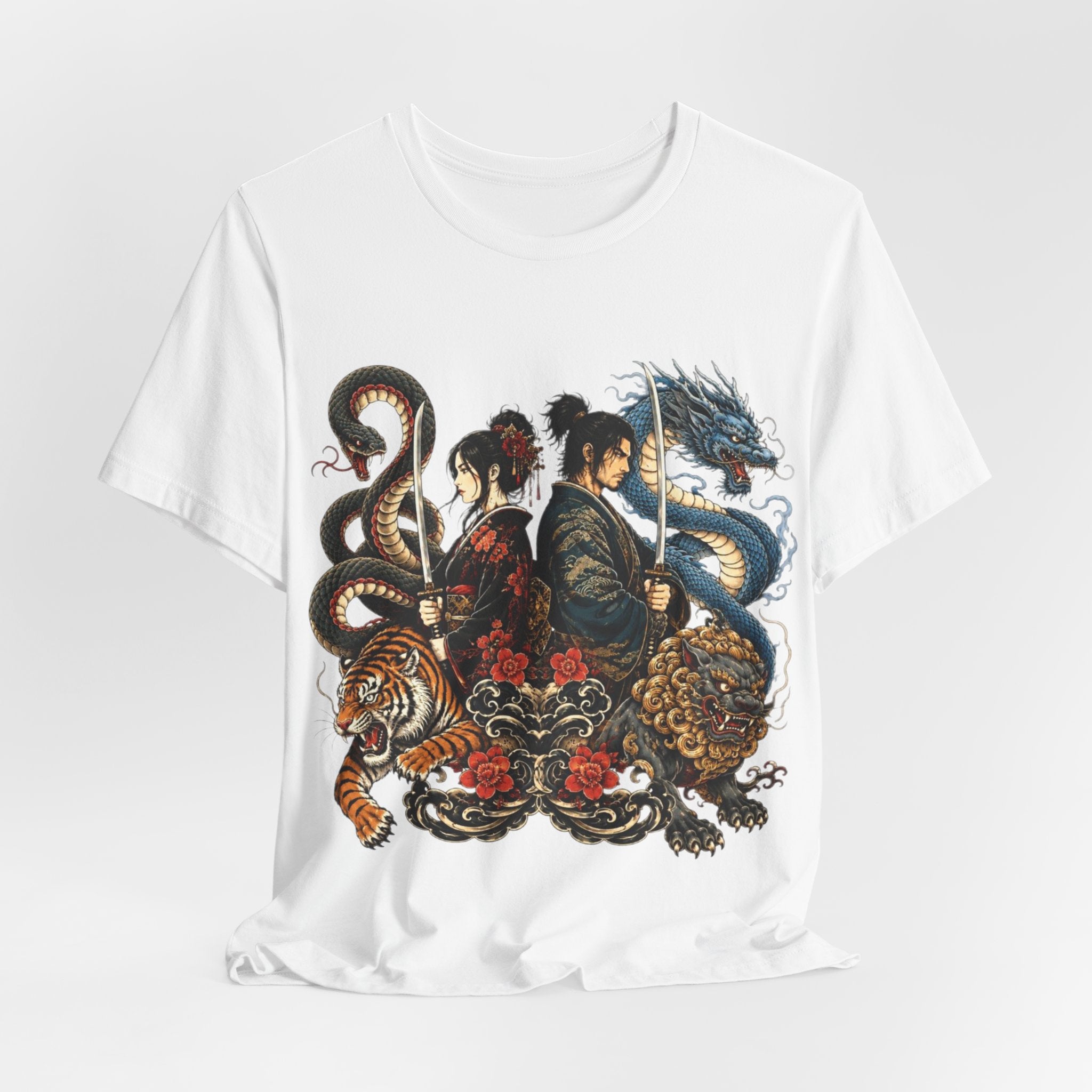 Samurai & Mythical Beast Tee — Dragon, Tiger & Snake Japanese-Inspired Graphic T-Shirt