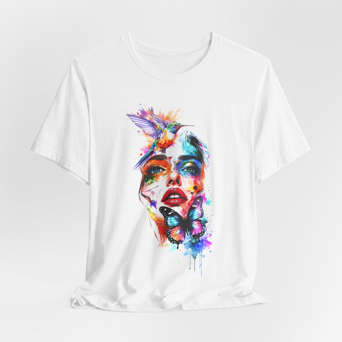 Watercolor Face & Butterfly T-Shirt — Colorful Artistic Portrait Tee