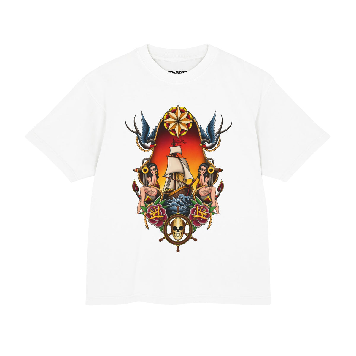 Sailor Tattoo T-Shirt – Vintage Ship, Swallows & Rose Crest Graphic Tee