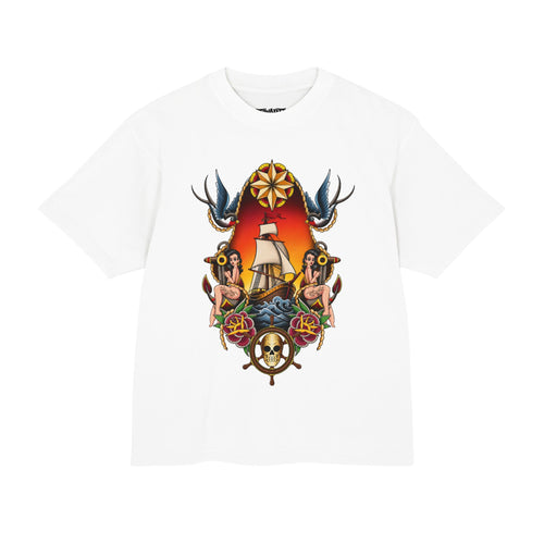 Sailor Tattoo T-Shirt – Vintage Ship, Swallows & Rose Crest Graphic Tee