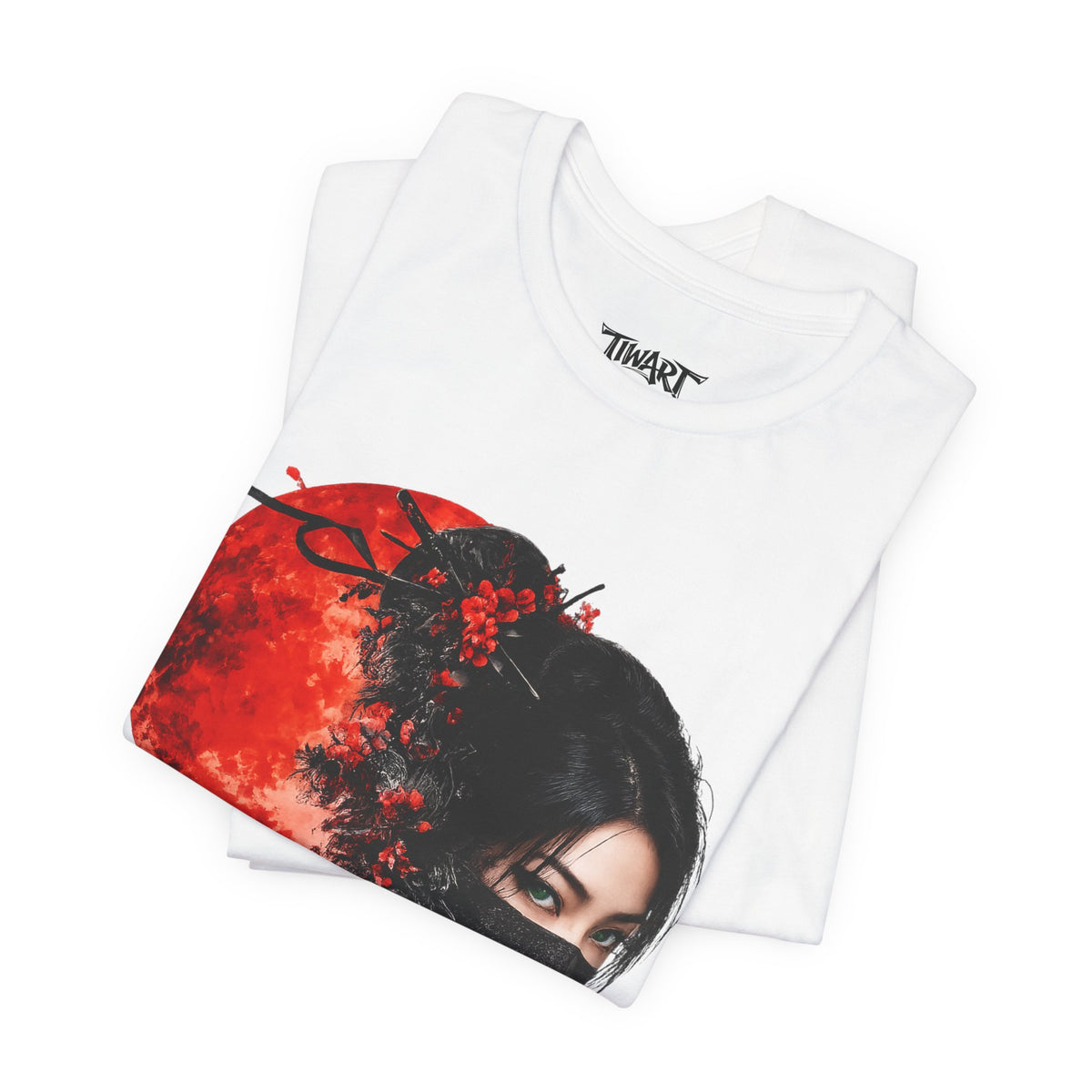 Samurai Moon T-Shirt — Masked Female Warrior with Red Moon and Katana