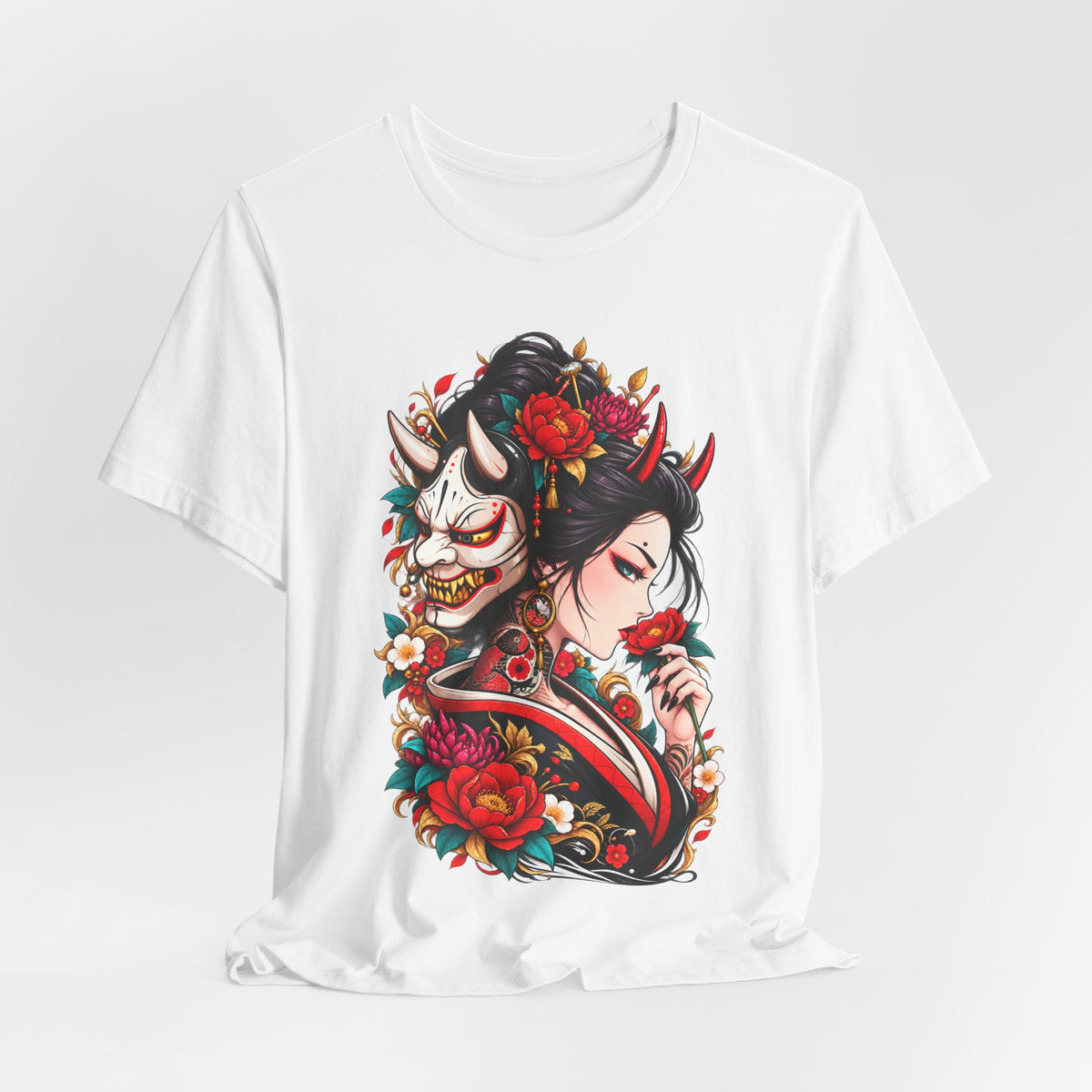 Geisha & Hannya Mask Graphic Tee — Japanese Floral Tattoo Style T-Shirt