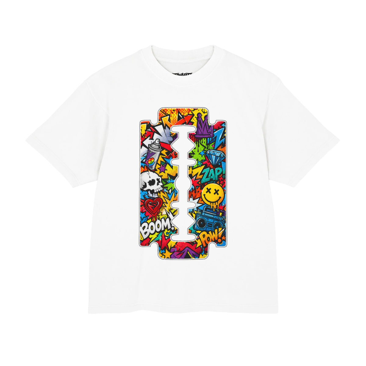 Graphic Razor Blade Tee — Colorful Street Art Pop Collage