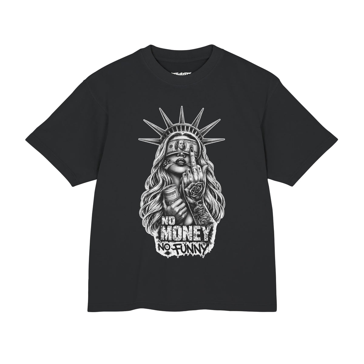 T-Shirt — Statue of Liberty Skull Graphic "No Money No Funny" Urban Streetwear