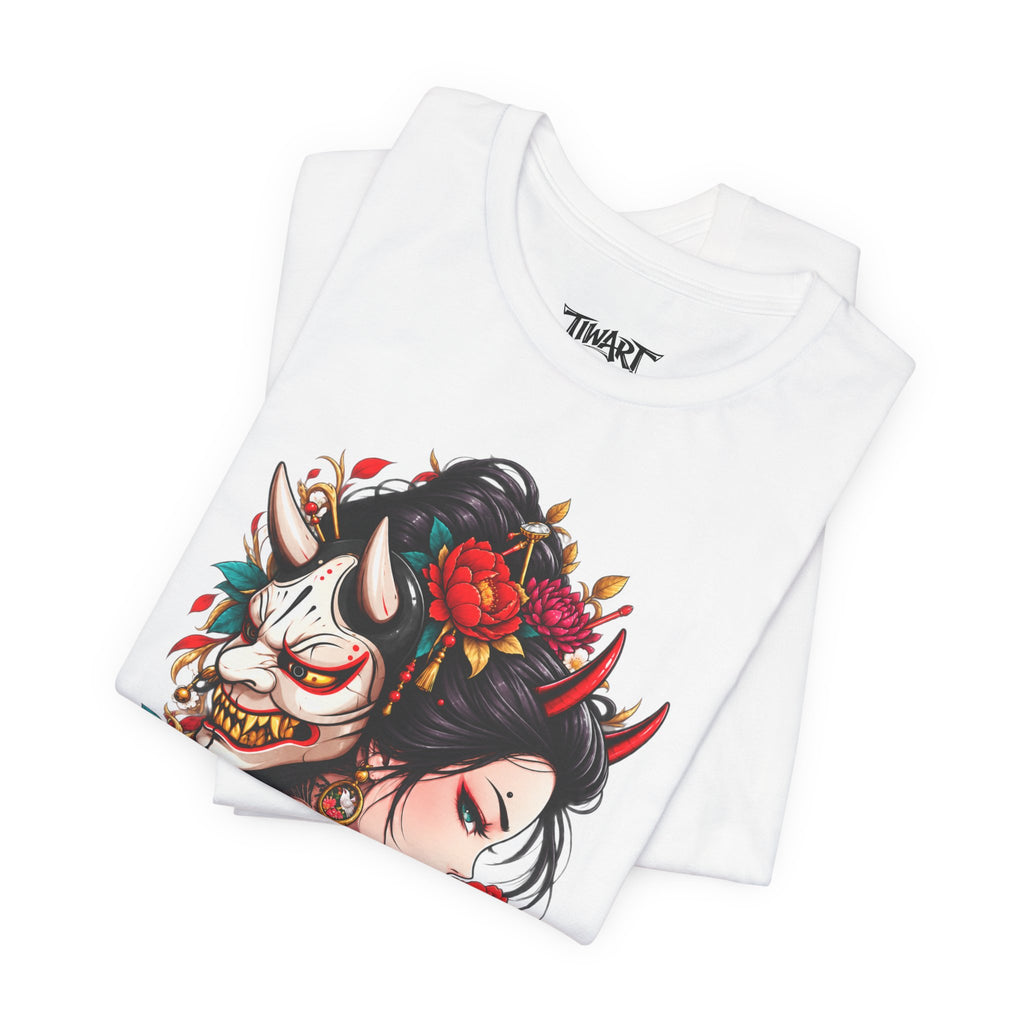 Geisha & Hannya Mask Graphic Tee — Japanese Floral Tattoo Style T-Shirt