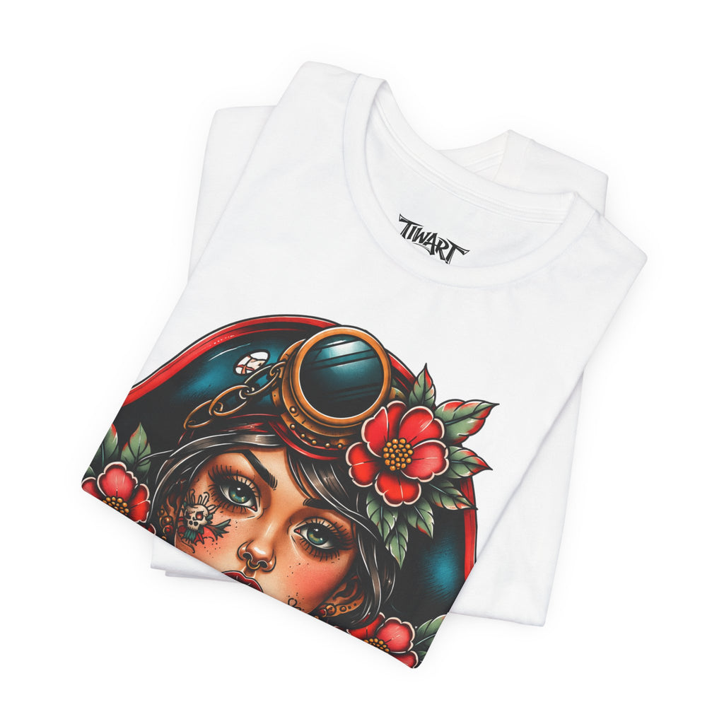 Vintage Pirate Rose Tee — Floral Pirate Woman Graphic T-Shirt