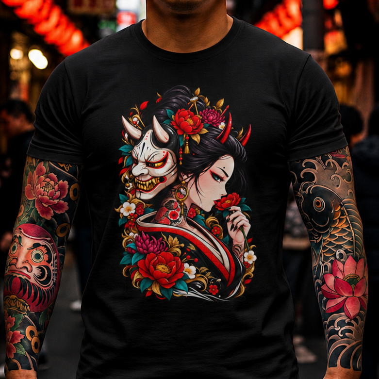 Geisha & Hannya Mask Graphic Tee — Japanese Floral Tattoo Style T-Shirt