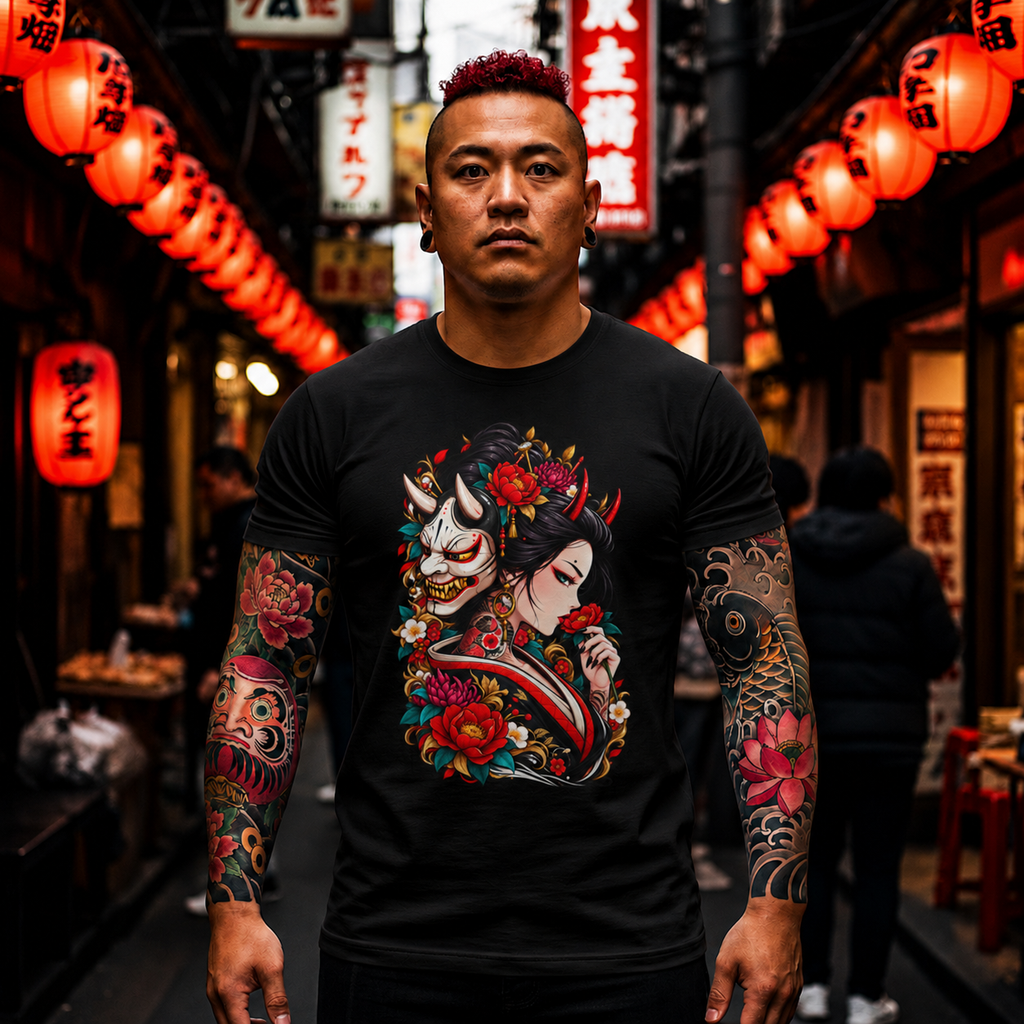 Geisha & Hannya Mask Graphic Tee — Japanese Floral Tattoo Style T-Shirt