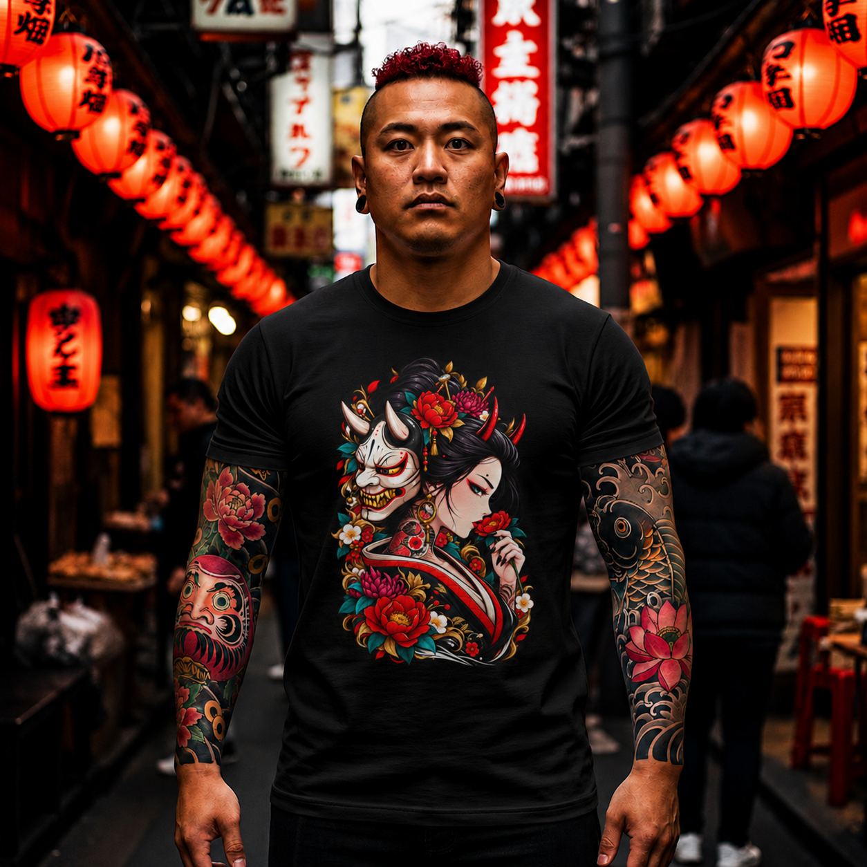 Geisha & Hannya Mask Graphic Tee — Japanese Floral Tattoo Style T-Shirt