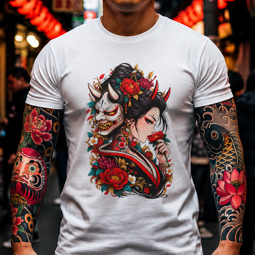 Geisha & Hannya Mask Graphic Tee — Japanese Floral Tattoo Style T-Shirt