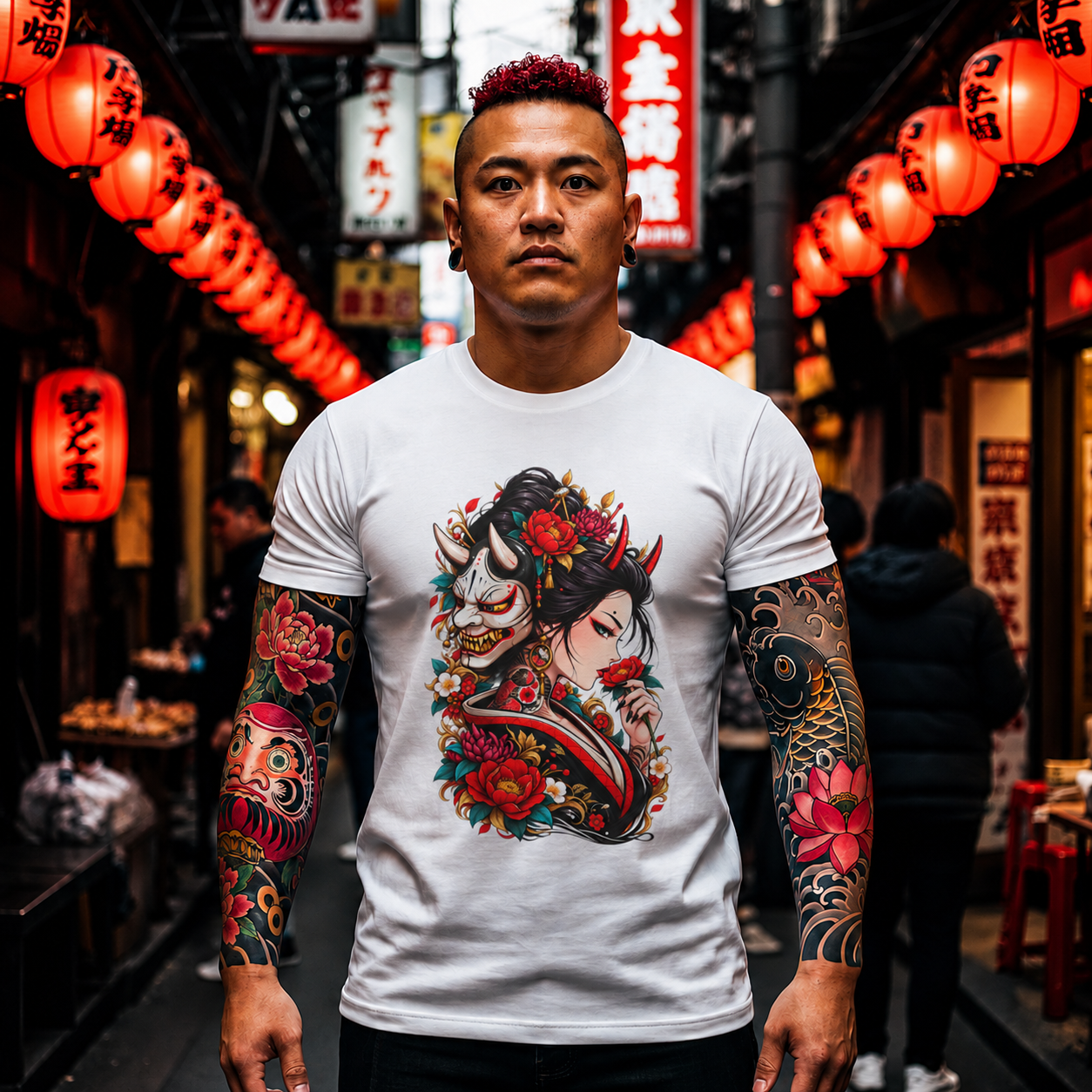 Geisha & Hannya Mask Graphic Tee — Japanese Floral Tattoo Style T-Shirt