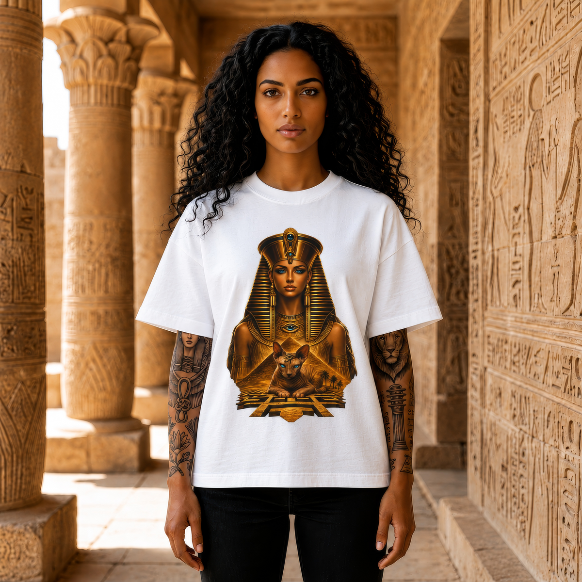 Pharaoh Goddess Graphic Tee – Golden Egyptian Sphinx T-Shirt