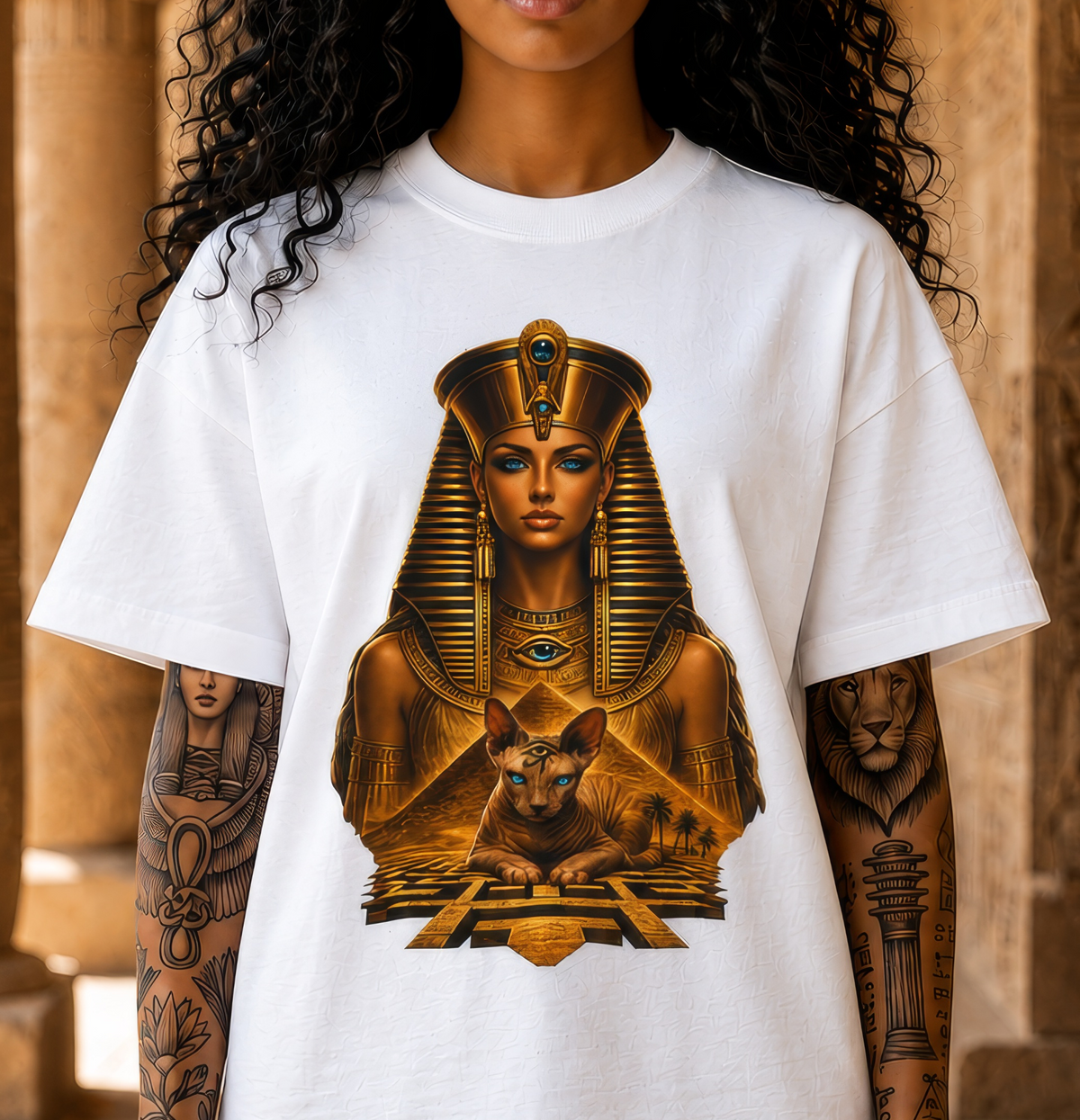 Pharaoh Goddess Graphic Tee – Golden Egyptian Sphinx T-Shirt