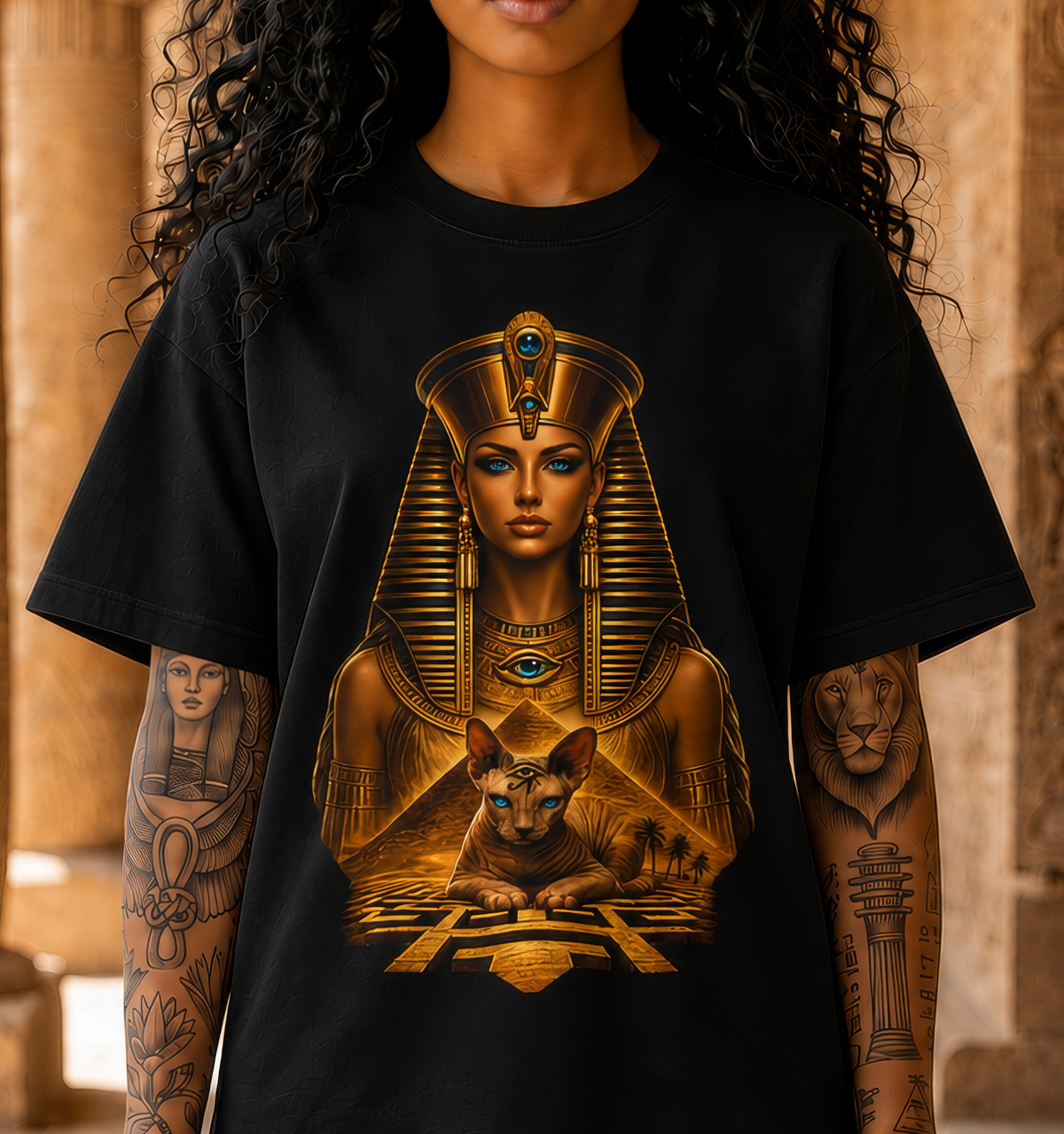 Pharaoh Goddess Graphic Tee – Golden Egyptian Sphinx T-Shirt