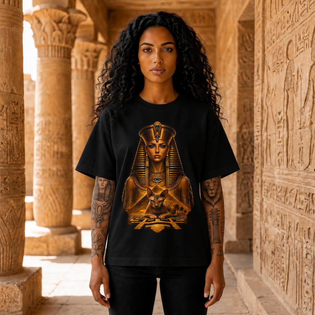 Pharaoh Goddess Graphic Tee – Golden Egyptian Sphinx T-Shirt