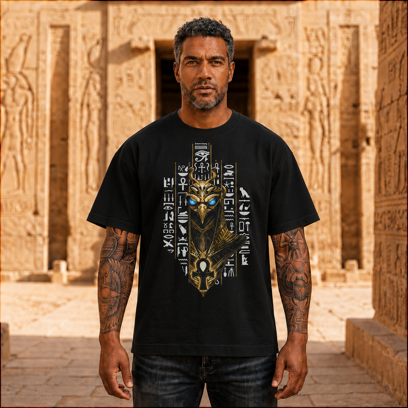 Egyptian Cat Mask T‑Shirt — Ankh & Hieroglyphic Gothic Streetwear