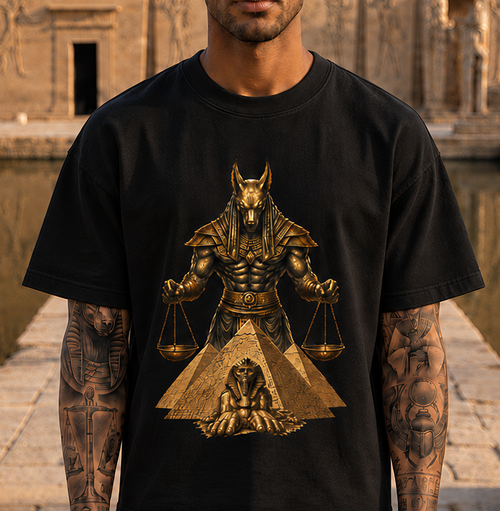 Anubis Justice T-Shirt — Egyptian Anubis with Scales & Pyramid Graphic Tee