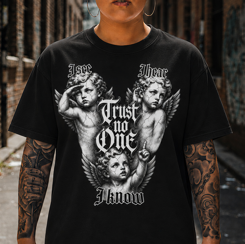 Angel Cherub Graphic Tee — "I See I Hear I Know" Gothic Vintage Streetwear