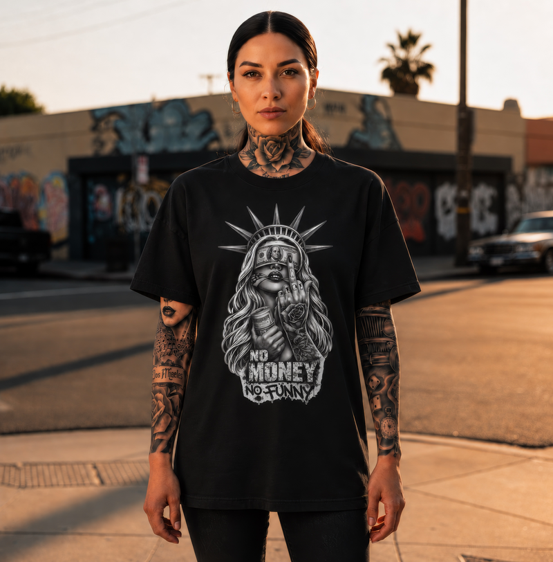 Chicano Statue of Liberty - No Money No Funny Tattoo-Inspired T-Shirt
