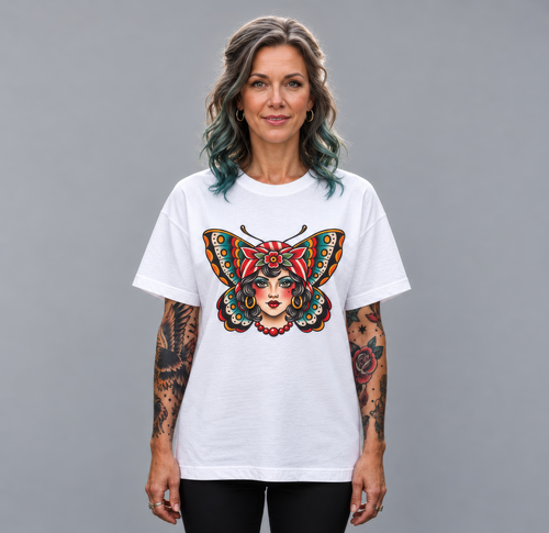 American Traditional Butterfly Lady Tattoo-Inspired T-Shirt
