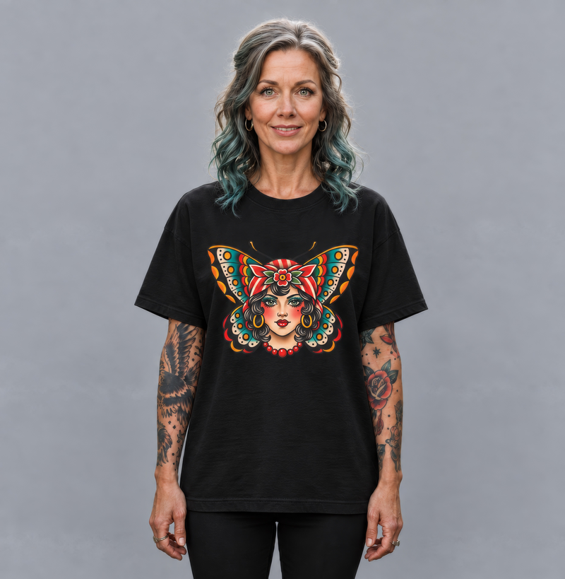Butterfly Femme Tattoo Tee — Vintage Moth Lady Graphic T-Shirt