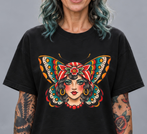 Butterfly Femme Tattoo Tee — Vintage Moth Lady Graphic T-Shirt