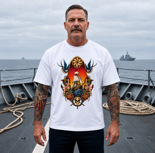 American Traditional Sailor Ship Tattoo-Inspired T-Shirt