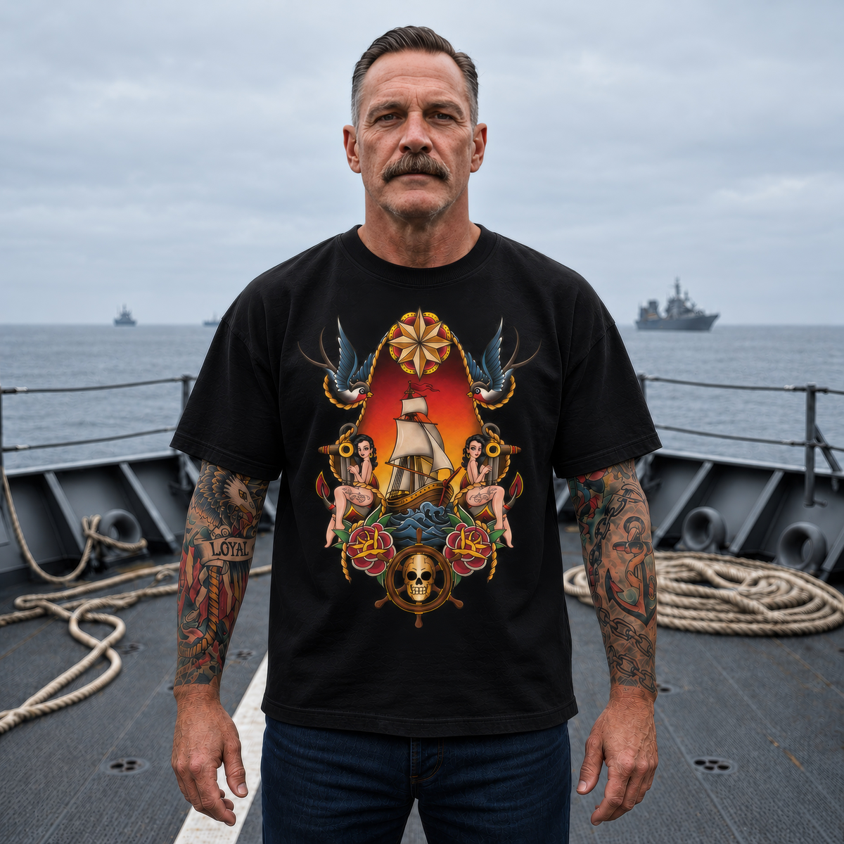 American Traditional Sailor Ship Tattoo-Inspired T-Shirt