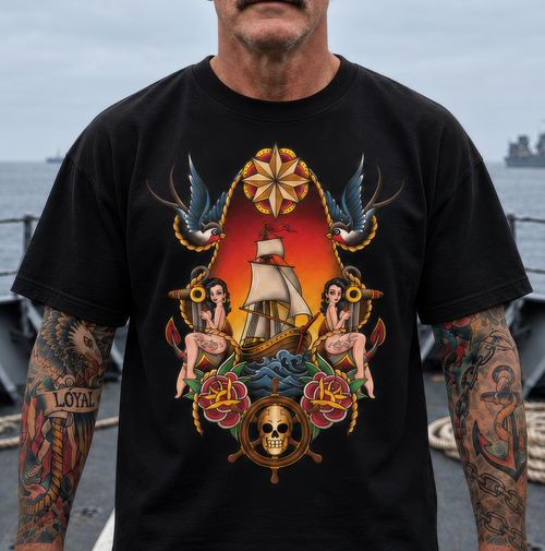 American Traditional Sailor Ship Tattoo-Inspired T-Shirt