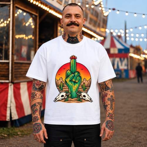 American Traditional Middle Finger Cactus Tattoo-Inspired T-Shirt