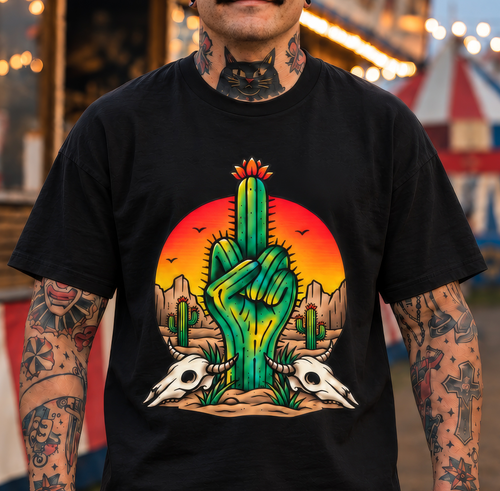 American Traditional Middle Finger Cactus Tattoo-Inspired T-Shirt