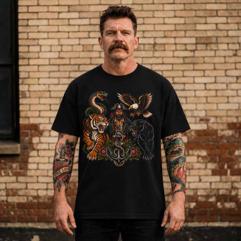 Graphic Tee — Vintage Tattoo Pirate with Tiger, Panther, Snake & Eagle