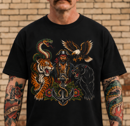American Traditional Pirate & Wild Animals Tattoo-Inspired T-Shirt
