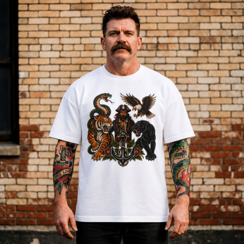 American Traditional Pirate & Wild Animals Tattoo-Inspired T-Shirt