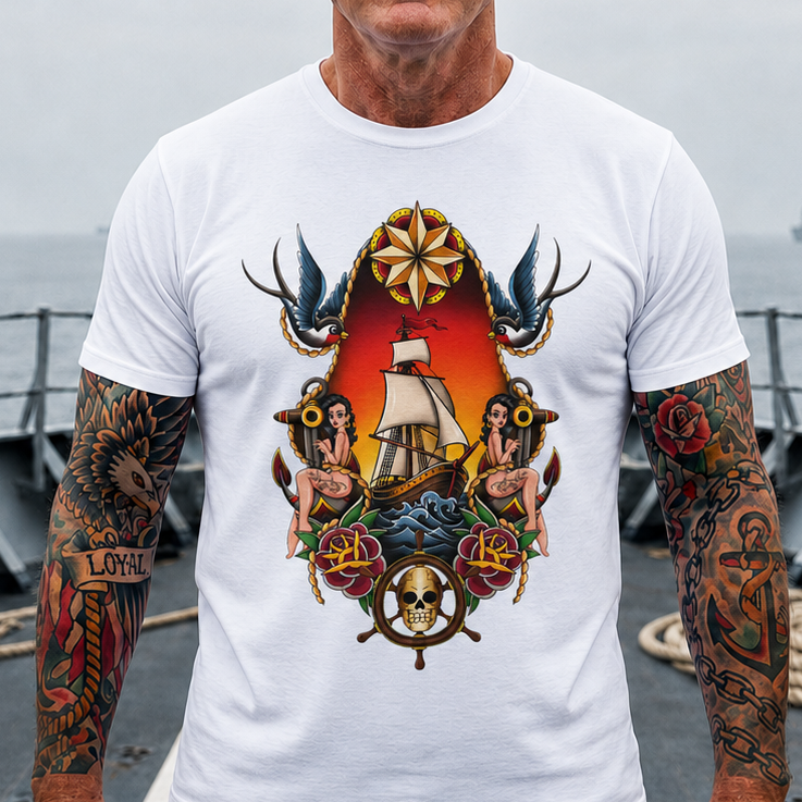 Sailor Tattoo Graphic Tee — Vintage Ship, Swallows & Roses