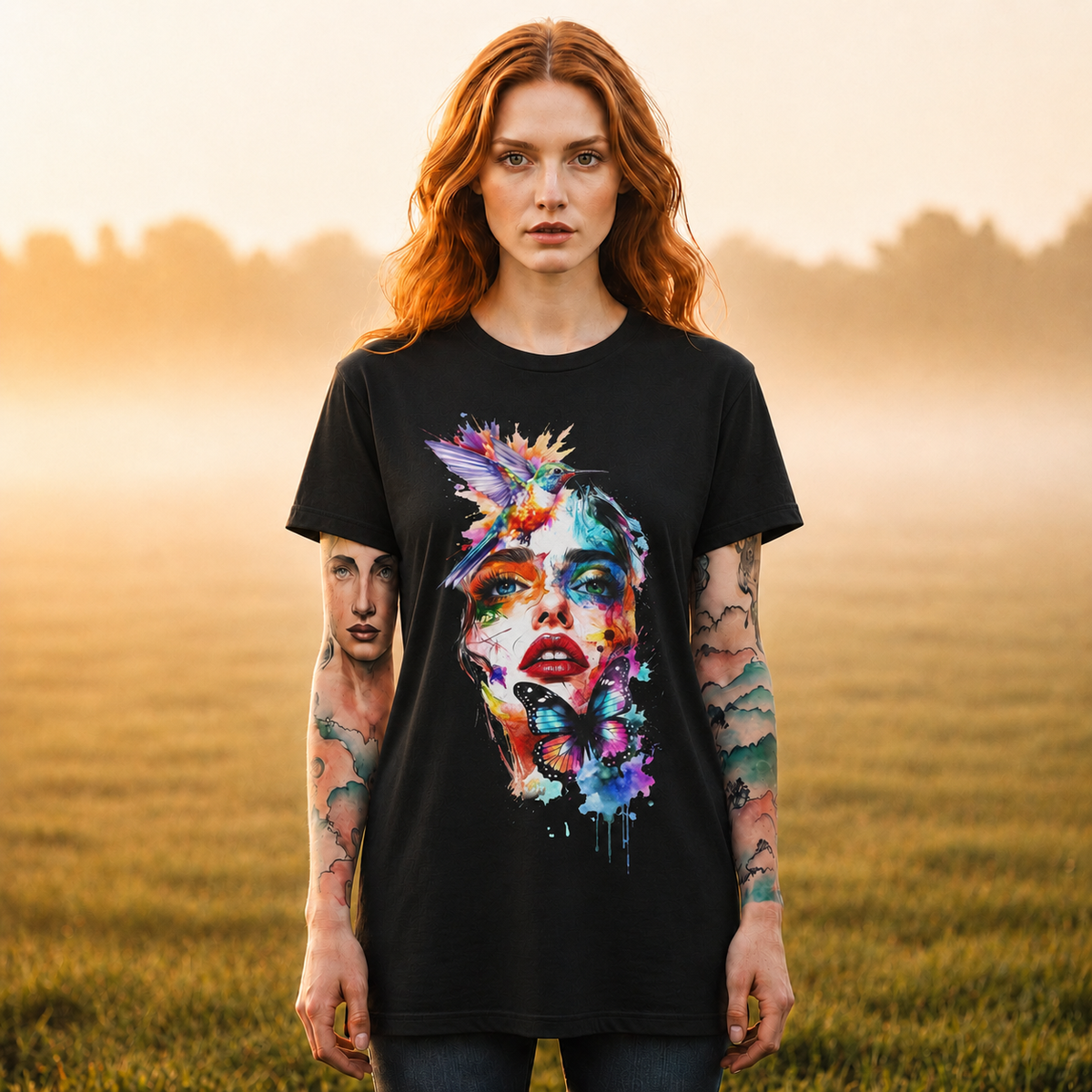 Watercolor Face & Butterfly T-Shirt — Colorful Artistic Portrait Tee