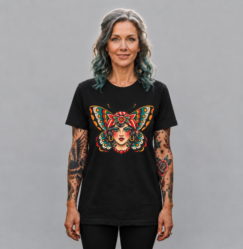 Butterfly Lady Tee — Vintage Tattoo Style Women's Face Graphic T-Shirt