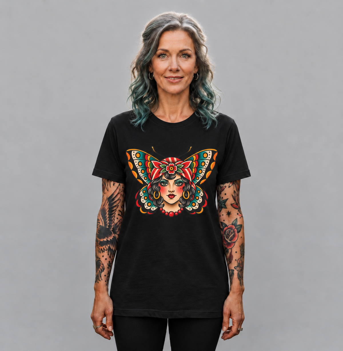 Butterfly Lady Tee — Vintage Tattoo Style Women's Face Graphic T-Shirt