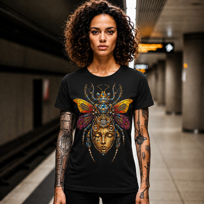 Mystic Bug Goddess T‑Shirt — Ornate Insect Mask Graphic Tee