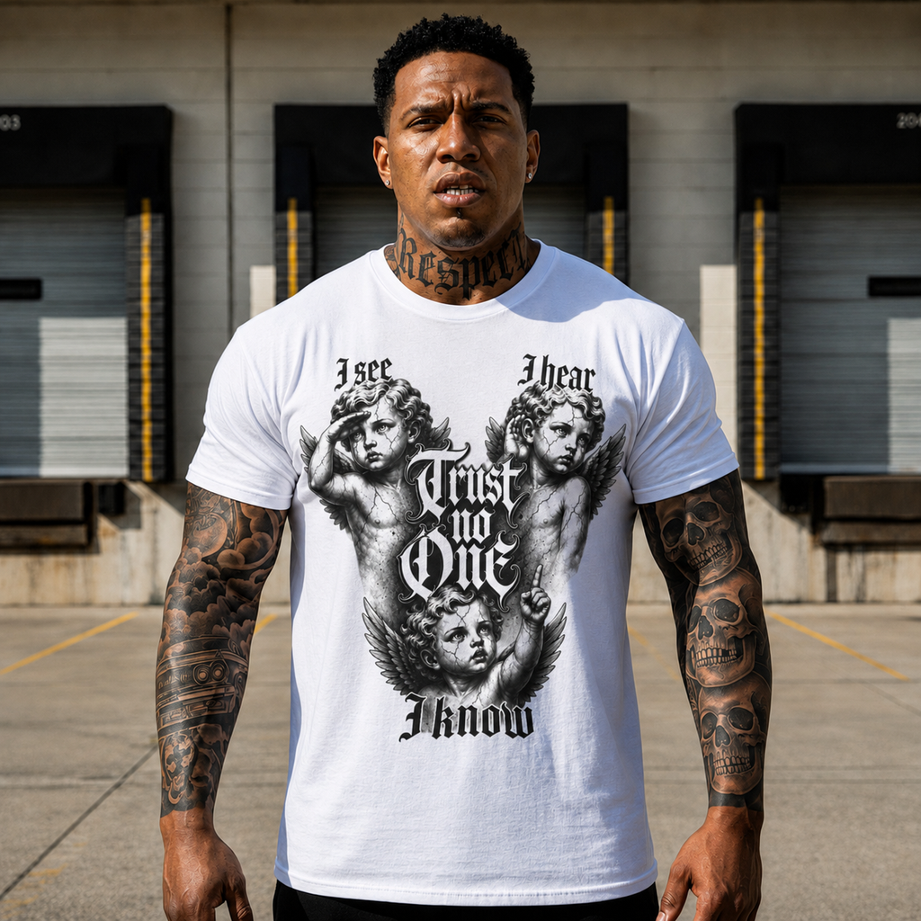 Cherub Gothic Tee — "I See I Hear I Know, Trust No One" Graphic T-Shirt