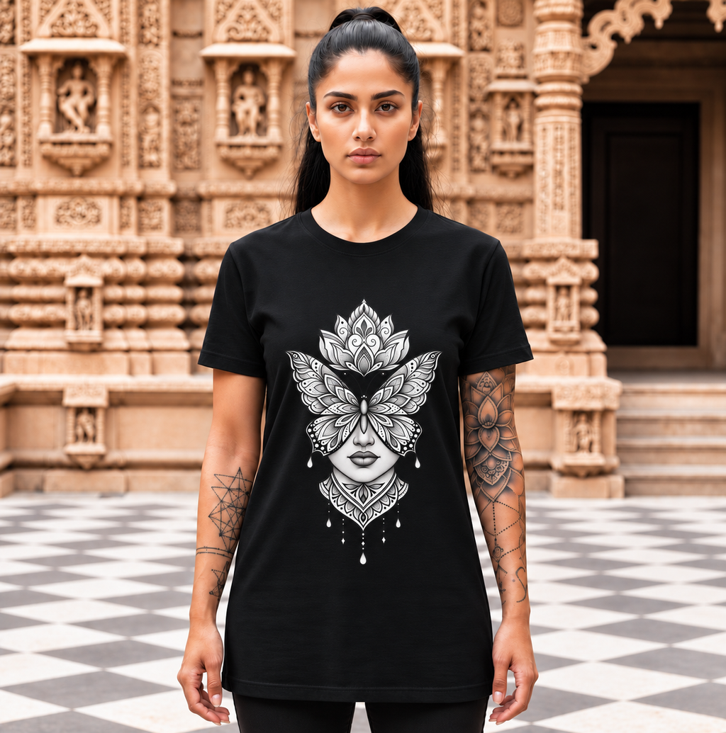Butterfly Mandala Face Tee — Boho Spiritual Graphic T-Shirt