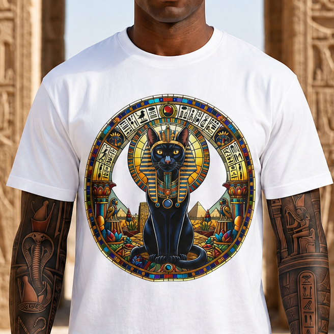 Egyptian Cat Pharaoh T-Shirt — Vintage Hieroglyphic Pyramids Graphic Tee