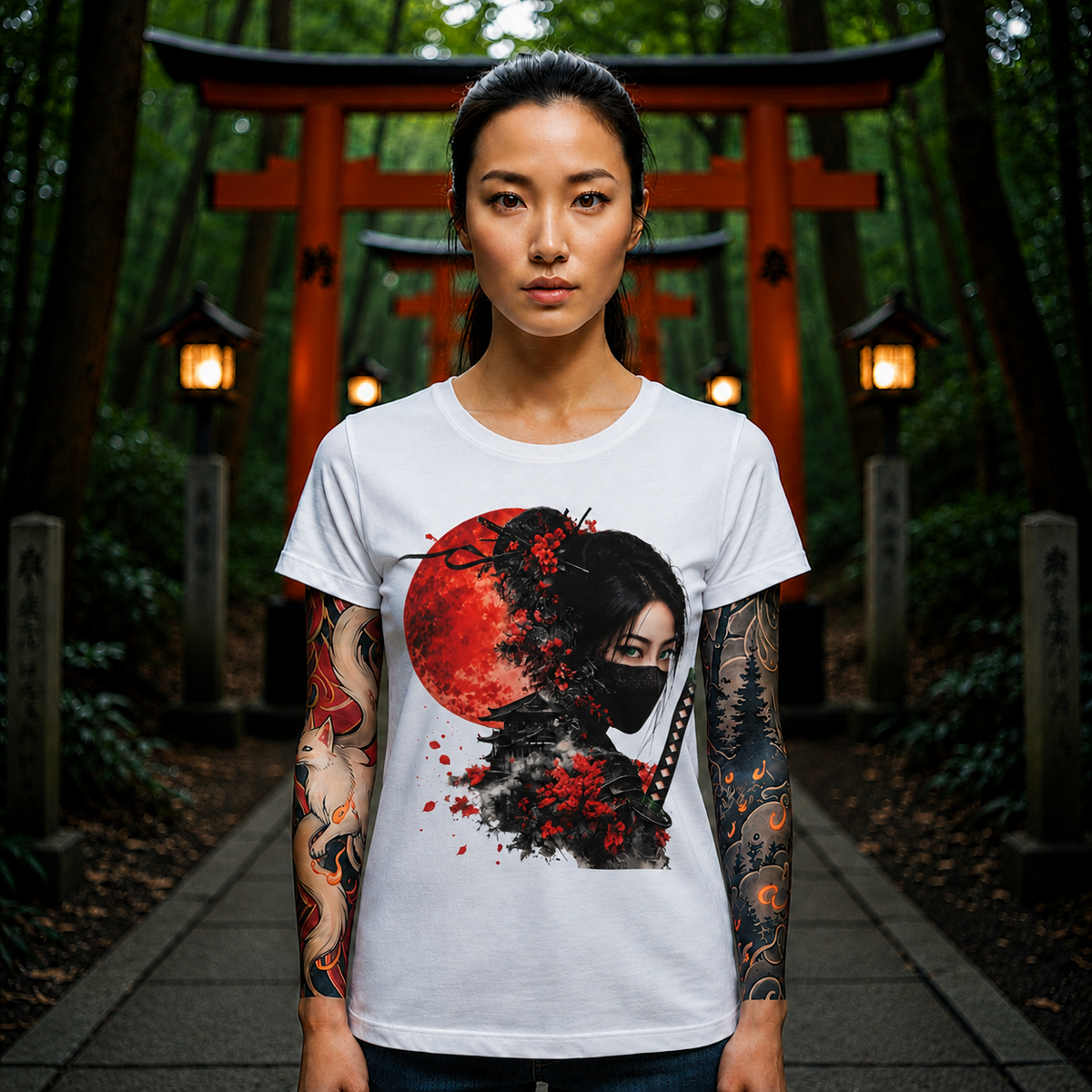 Ninja Warrior Tee — Red Moon Samurai Mask T-Shirt