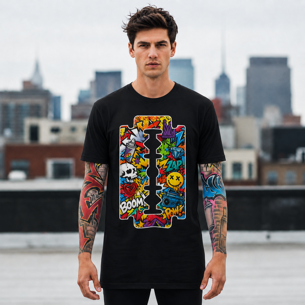 Razor Blade Graffiti T-Shirt — Colorful Pop Art Skull & Comic Icons Tee