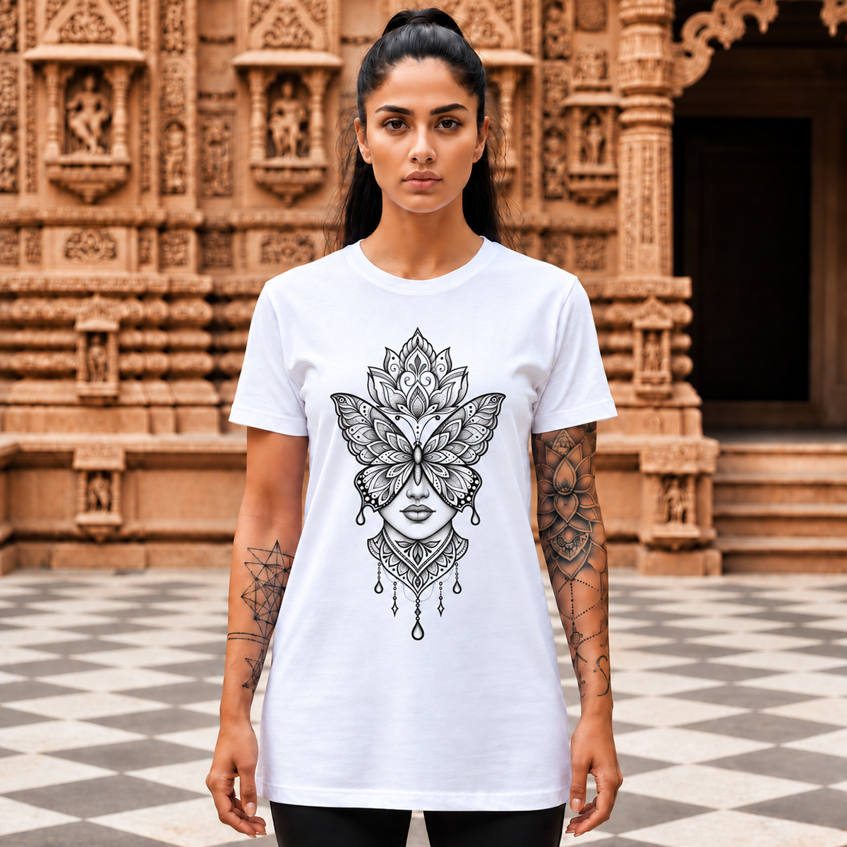 Butterfly Mandala Face Tee — Boho Spiritual Graphic T-Shirt